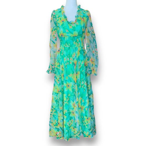 Vintage 70s Green Yellow Floral Chiffon Maxi Dress Ruffle Neckline Sheer Sleeves - Picture 1 of 11